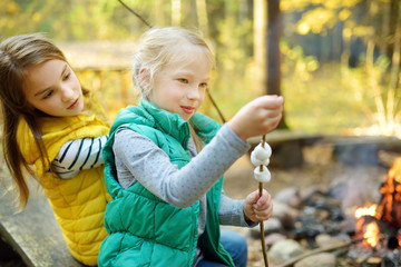 Wall Mural - cute young sisters roasting marshmallows on stick at bonfire. children having fun at camp fire. camp