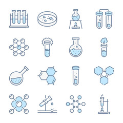 Poster - Chemistry, Science and Laboratory related blue line colored icons.