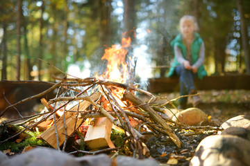 Wall Mural - adorable young girl roasting marshmallows on stick at bonfire. child having fun at camp fire. campin