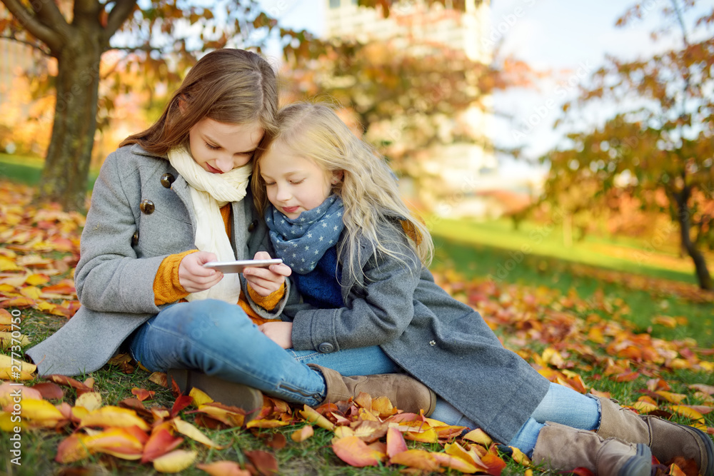 Two cute young sisters having fun on beautiful autumn day. Happy children playing in autumn park. Kids gathering yellow fall foliage. - obrazy, fototapety, plakaty 