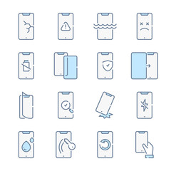 Poster - mobile phone repair, cell phone problems and smartphone protection related blue line colored icons.