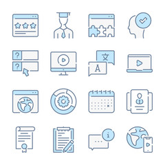 Poster - education, knowledge and e-learning related blue line colored icons.