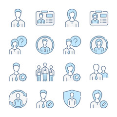 Poster - User profile, Avatar and Profile services related blue line colored icons.