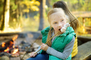 Wall Mural - cute young sisters roasting marshmallows on stick at bonfire. children having fun at camp fire. camp