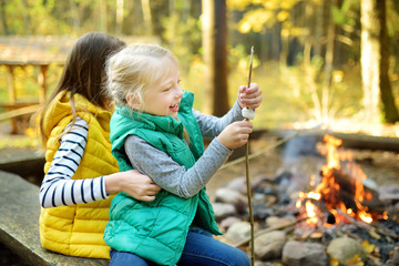 Wall Mural - Cute young sisters roasting marshmallows on stick at bonfire. Children having fun at camp fire. Camping with children in fall forest.