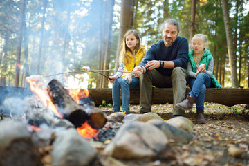Wall Mural - cute little sisters and their father roasting marshmallows on sticks at bonfire. children having fun