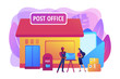Documents, letters express courier delivering. Postal services. Post office services, post delivery agent, post office card accounts concept. Bright vibrant violet vector isolated illustration