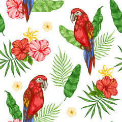 Poster - Pattern with flowers and red parrot