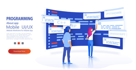 Wall Mural - People programmers coding and correct errors in project. Dashboard screen with program code. Programmer at work concept banner. Can use for web banner Trendy flat style. Isometric vector illustration