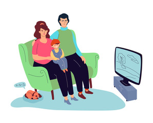 Sticker - A family watching TV - colorful flat design style illustration