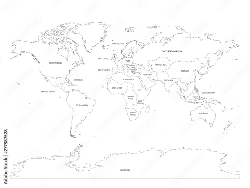 Map Of World Divided Into Regions Thin Black Outline Map Simple Flat Map Of World Divided Into Regions Thin Black Outline Map Simple Flat
