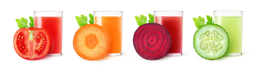 Wall Mural - Isolated vegetable juices. Glasses of tomato, carrot, beet and cucumber drinks and one slice of fresh fruit isolated on white background with clipping path