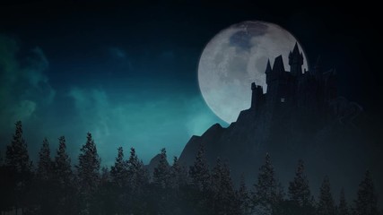 Wall Mural - dark castle on a moonlite night 4k loop features a haunted castle with a full moon and moving clouds