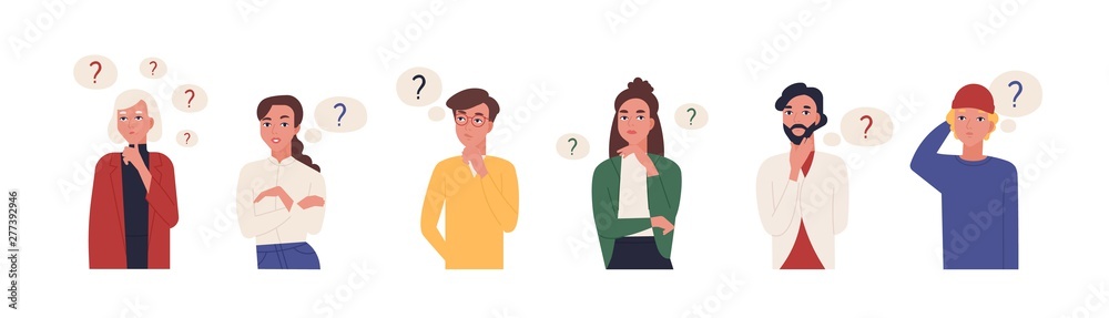 Collection of portraits of thoughtful people. Bundle of smart men and women thinking or solving problem. Set of pensive boys and girls surrounded by thought bubbles. Flat cartoon vector illustration. - obrazy, fototapety, plakaty 