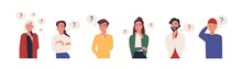 Collection Of Portraits Of Thoughtful People. Bundle Of Smart Men And Women Thinking Or Solving Problem. Set Of Pensive Boys And Girls Surrounded By Thought Bubbles. Flat Cartoon Vector Illustration.