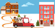 Truck bringing belongings from a family house to a condo building in a process of downsizing and relocation, EPS 8 vector illustration