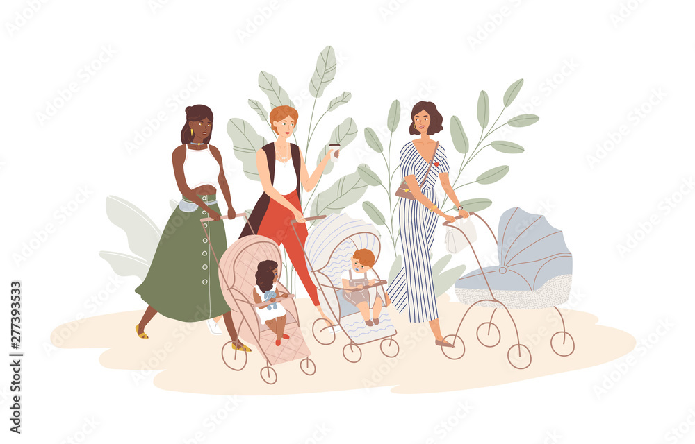 Group of cute women with babies in prams and strollers. Moms walking with their infant children. Community of young mothers. Motherhood and maternity. Flat cartoon colorful vector illustration. - obrazy, fototapety, plakaty 