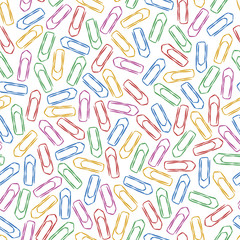 Fototapete - Seamless pattern of multicolored paper clips for textiles, interior design, for book design, website background. Back to school illustration.