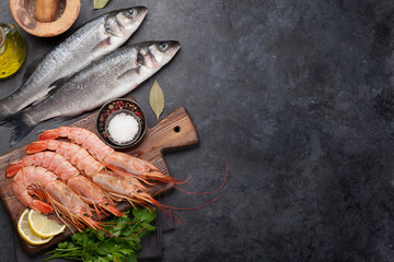 Wall Mural - Fresh seafood. Trout fish and langostino shrimps