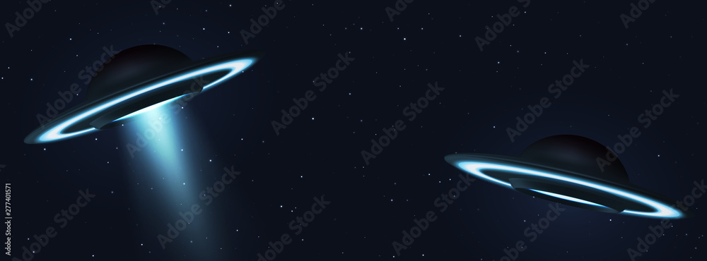 Unidentified flying object. Two UFOs flying on the horizon night sky. Futuristic ufo on Space stars background.