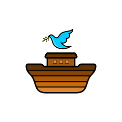 Logo of Noah's Ark. Dove with a branch of olive. Ship to rescue animals and people from the Flood. Biblical illustration.