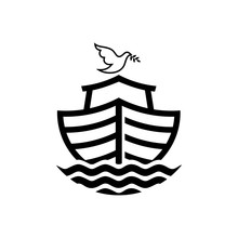 Logo Of Noah's Ark. Dove With A Branch Of Olive. Ship To Rescue Animals And People From The Flood. Biblical Illustration.