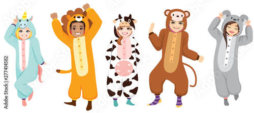 Happy five people wearing animal onesie costume on Halloween pajama party cel...