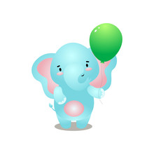 Cute Smiling Blue Elephant Is Happy With Green Balloon