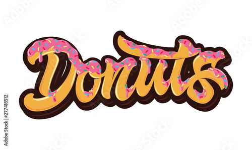 Fotografía The bright orange word Donuts poured pink caramel with multi-colored sprinkles on top