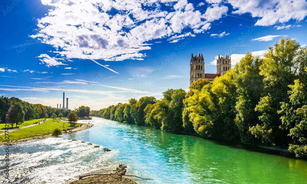 View on summer landscape by St. Maximilian church and Isar in Munich - obrazy, fototapety, plakaty 