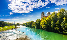 View On Summer Landscape By St. Maximilian Church And Isar In Munich