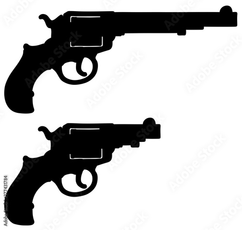 Cuadros en Lienzo The hand drawing of a black silhouette of classic long and short revolvers