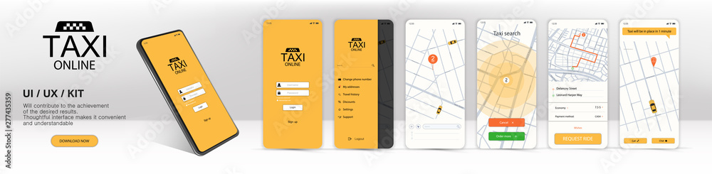 Call a taxi online, mobile application. UI, UX, KIT Application. Online mobile application order taxi service in flat style. GUI screens including sign In, cab booking, map navigation. Finished app - obrazy, fototapety, plakaty 