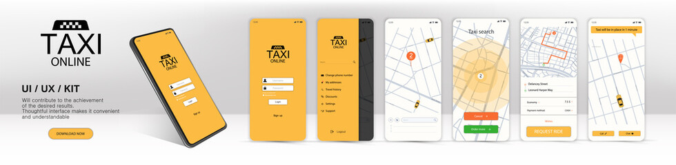 call a taxi online, mobile application. ui, ux, kit application. online mobile application order tax