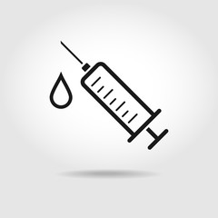 Canvas Print - Black icon of plastic medical syringe in outline style isolated over gradient background. Vaccine injection. Vector illustration