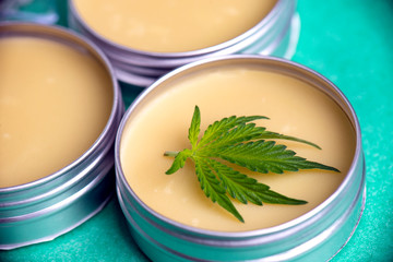 Cannabis salve with hemp and CBD oil on green background