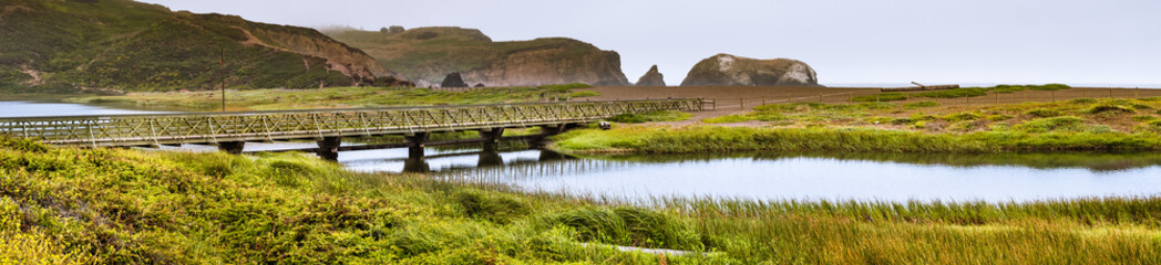 Rodeo Lagoon on the Pacific Ocean coastline, on a cloudy day, Marin Headlands, Marin County, California