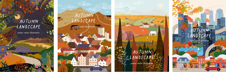 Wall Mural - Autumn nature, village, country, city landscapes. Vector illustration of natural, urban and rustic background for poster, banner, card, brochure or cover.