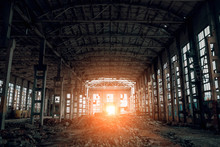 Ruined Industrial Hall Of Warehouse Or Hangar In Process Of Reconstruction