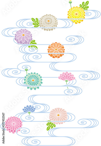 和風の菊と流水模様.ベクター背景素材.