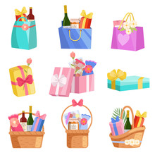 Holiday Presents Set, Paper Shopping Bags, Baskets And Boxes Full Of Gifts, Design Elements For Birthday, Xmas, Wedding, Anniversary Celebration Vector Illustration