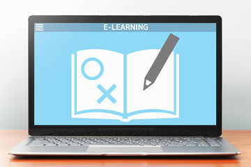 Aufkleber - E-learning concept image. Laptop computer on wooden desk. Application of problems collection on screen. Front view image.