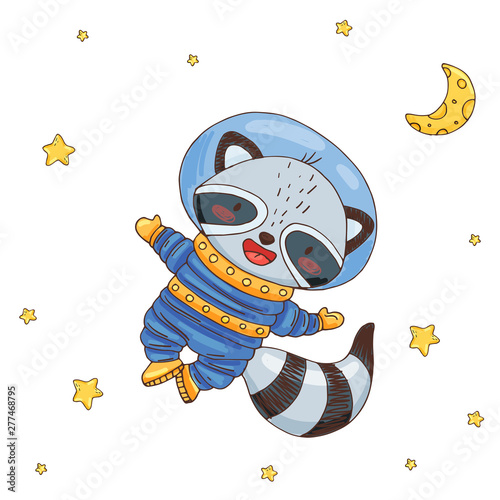 Fotomural Illustration with cute raccoon cartoon astronaut in space