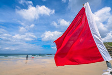 Red Warning Flag On Cornish Beach