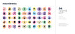 50 miscellaneous vector icons set in a colorful hexagon buttons