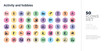 © zaurrahimov - 50 activity and hobbies vector icons set in a colorful hexagon buttons