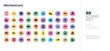 © zaurrahimov - 50 mechanicons vector icons set in a colorful hexagon buttons