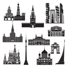 Cartoon Symbols And Objects Set Of Moscow. Popular Tourist Architectural Objects: Kremlin, St. Basil's Cathedral, Triumphal Arch, Moscow City And Another Sights. Moscow Icons Set.