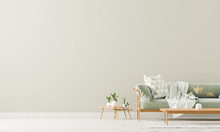 Scandinavian Style Interior With Sofa And Coffe Table. Empty Wall Mock Up In Minimalist Interior With Pastel Colors. 3D Illustration.