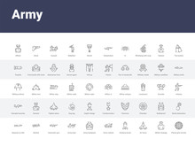50 Army Set Icons Such As Planet Grid Circular, Militar Strategy, Air Force, Airplane Bomb, Armo Vehicle, Army Backpack, Army Boat, Automatic Gun, Barbed. Simple Modern Vector Icons Can Be Use For